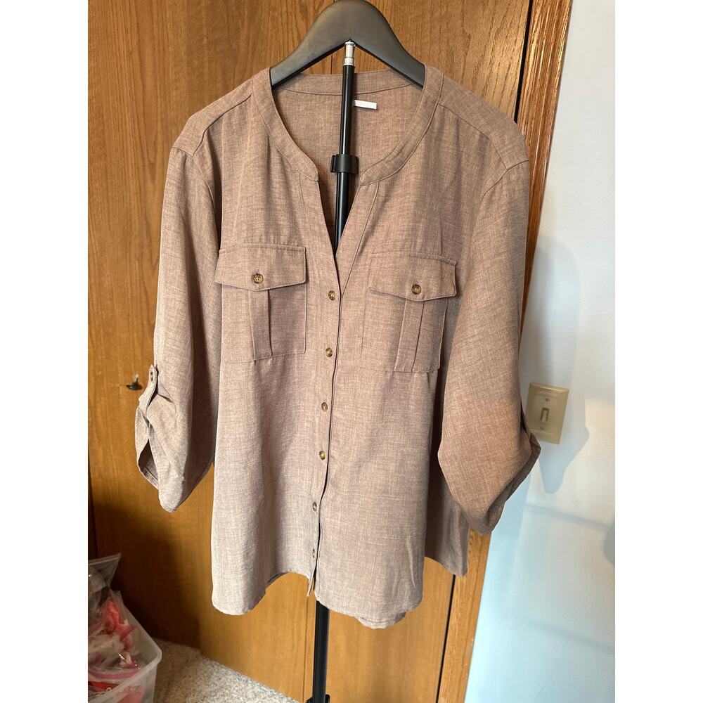 3RD + MALT Tan Textured Linen-Look Split Neck Henley Top 2X